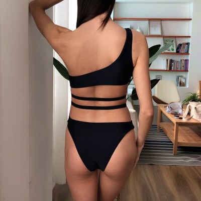 Black One Shoulder Cut Out Sexy Swimwear