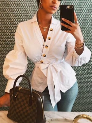 White V-Neck Wrap Top with Pop Sleeves