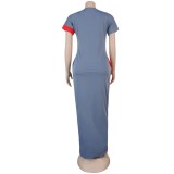 Color Block Short Sleeve Long Casual Dress