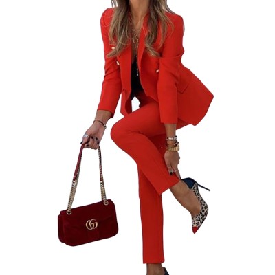 Solid Color Long Sleeves Blazer and Pants Office Suit
