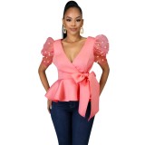 Sexy V-Neck Peplum Party Top with Pop Sleeves