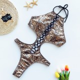 Sexy Lace Up One Piece Metallic Leopard Swimwear