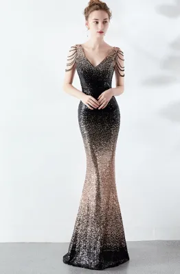 Sequins Colorful V-Neck Mermaid Evening Dress