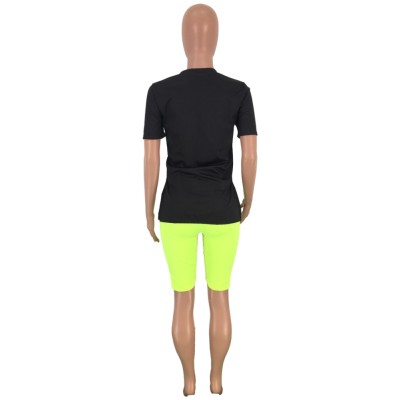 Print Black Slit Shirt and Neon Green Shorts