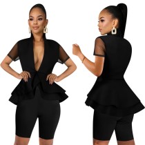 Sexy V-Neck Peplum Top and Shorts Set