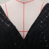 Black Sequins Long Sleeves V-Neck Long Gown