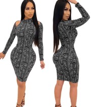 Print Letter Cut Out Bodycon Dress with Sleeves