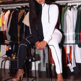 White and Black Long Sleeve Bodycon Jumpsuit