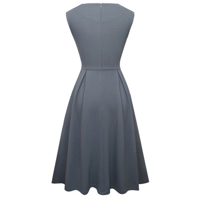 Solid Color V-Neck Vintage Dress with Cap Sleeves