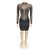 Women Sexy See Through Rhinestone Long Sleeve Short Mini Dress