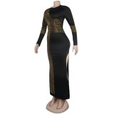 Black and Gold Sequins Slit Evening Dress with Sleeves