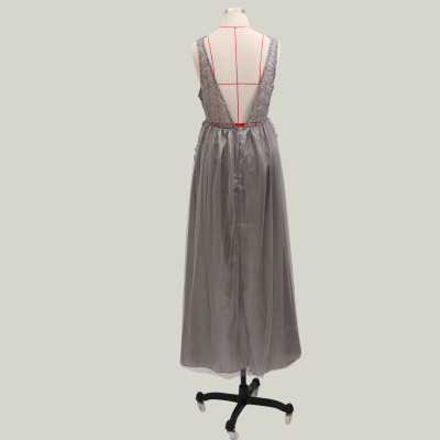 Grey Applique Mesh Evening Dress