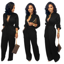 Button Up Long Sleeve Pure Jumpsuit with Belt