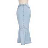 Light Blue High Waist Long Denim Skirt