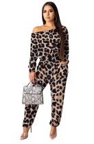 Leopard Print Drawstrings Long Sleeve Jumpsuit