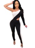 Sexy One Shoulder Contrast Bodycon Jumpsuit