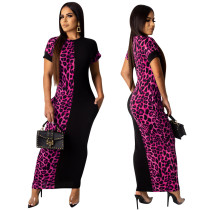 Print Leopard Short Sleeves Long Dress
