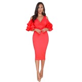 Cut Out Shoulder Back Slit Midi Dress with Ruffle Sleeves