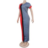 Color Block Short Sleeve Long Casual Dress
