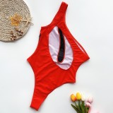 One Piece Mesh Accent Red One Shoulder Swimsuit