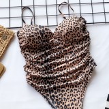 Sexy One Piece Straps Ruched Leopard Swimwear