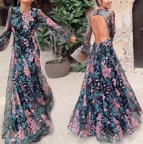 Cut Out Back Long Sleeve Floral Evening Dress