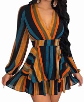 Striped Print Colorful Long Sleeve Wrap Dress