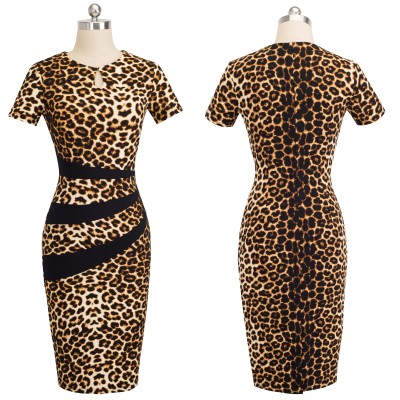 Short Sleeve Leopard Print Slim Fit Elegant Dress
