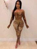 Sexy Cut Out Snake Skin Off Shoulder Bodycon Jumpsuit