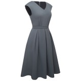 Solid Color V-Neck Vintage Dress with Cap Sleeves