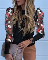 Black Tight Shirt with Floral Mesh Sleeves