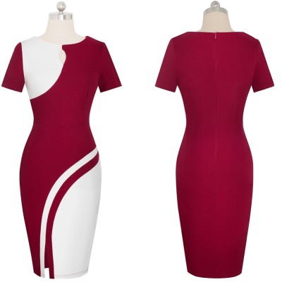 Contrast O-Neck Slit Keyhole Midi Dress with Short Sleeves