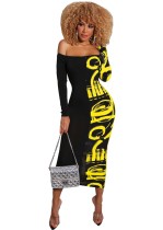 Print Sexy Off Shoulder Midi Dress with Sleeves