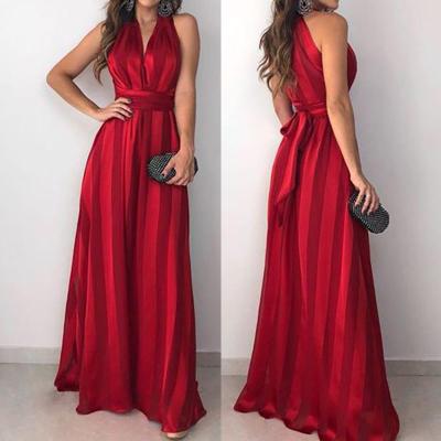 Red Stripped Sleeveless Halter Evening Dress