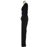 Solid Color Deep-V Wide Jumpsuit with Pop Sleeves
