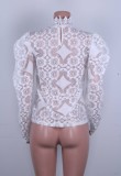 White Floral Lace Basic Top with Pop Sleeves