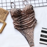 Sexy One Piece Straps Ruched Leopard Swimwear