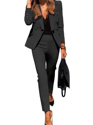 Solid Color Long Sleeves Blazer and Pants Office Suit