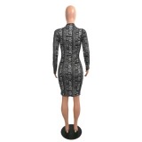 Print Letter Cut Out Bodycon Dress with Sleeves