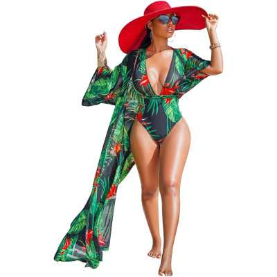 Print Green Swimsuit and Cover-Ups
