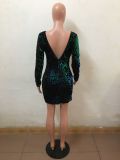 Sequins Green Long Sleeve Club Dress with Low Back