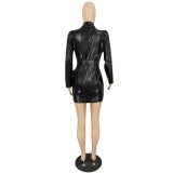 Black Leather V-Neck Mini Dress with Sleeves