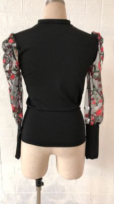 Black Tight Shirt with Floral Mesh Sleeves