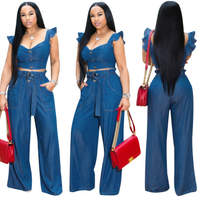 Blue Ruffles Crop Top and Wide Pants