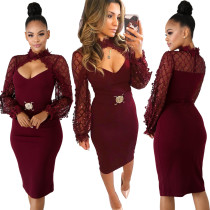 Sequins Upper Long Sleeve Red Party Dress