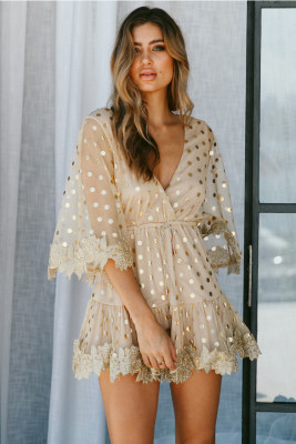 V-Neck Sequins Rompers with Wide Legges and Cuffs