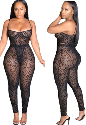 Sexy Black Leopard Two Piece See Through Jumpsuit