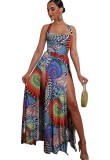 Retro Print Slit Long Halter Dress