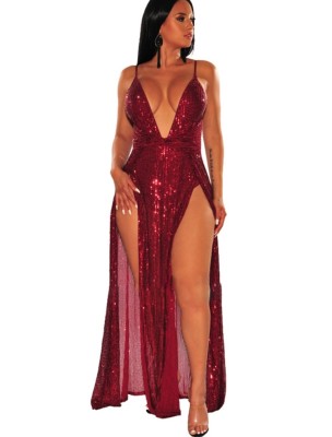 Sexy Sequins Straps Slit Long Party Dress
