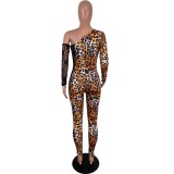 Leopard Print One Shoulder Bodycon Jumpsuit